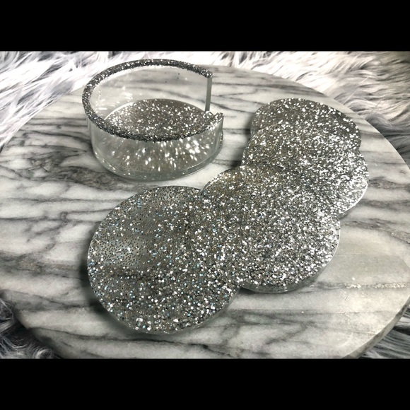 Discounted Silver Glitter Coaster Set of 4 WITHOUT Matching Holder - Picture 5 of 15
